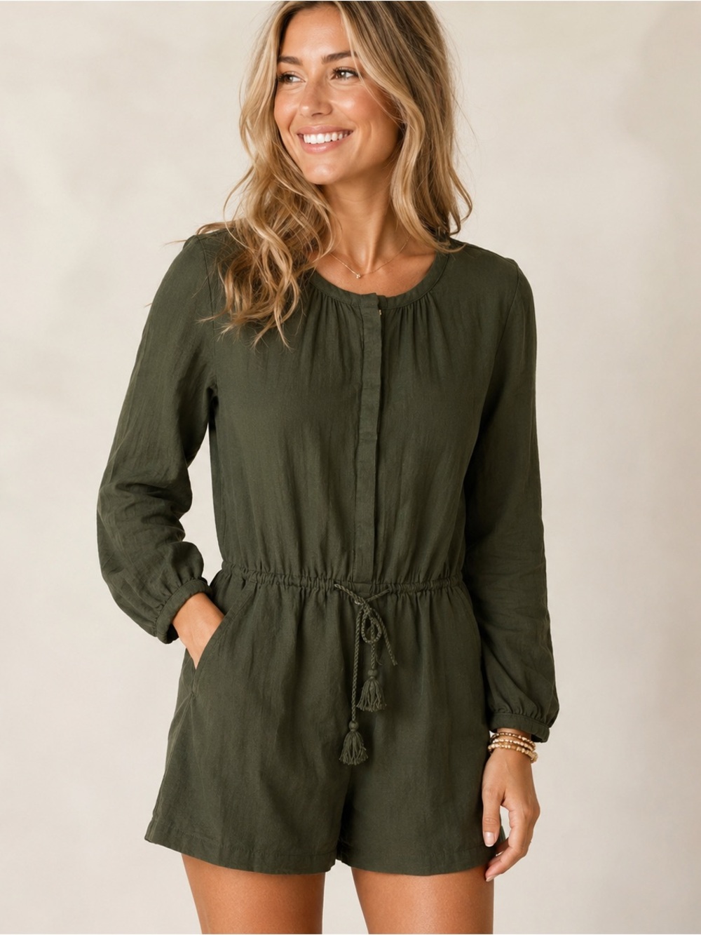 Madewell Cotton Dark Green Romper Playsuit Size XS Tassels Button Front
